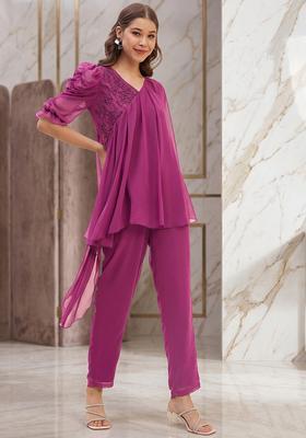 Rani Pink Embroidered Handwork Fusion Set