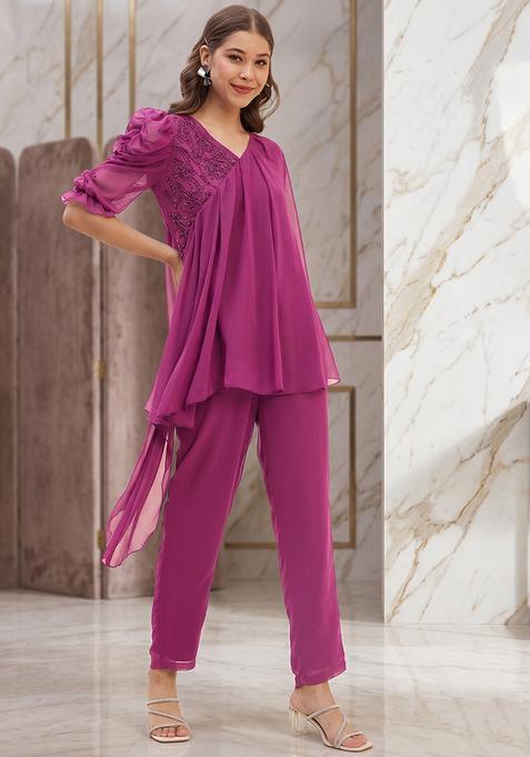 Rani Pink Embroidered Handwork Fusion Set