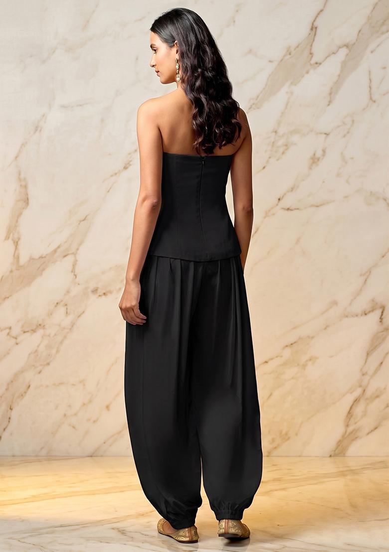 Black Embroidered Handwork Fusion Set - Indya