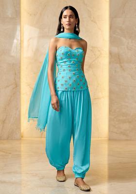 Turquoise Blue Embroidered Handwork Fusion Set