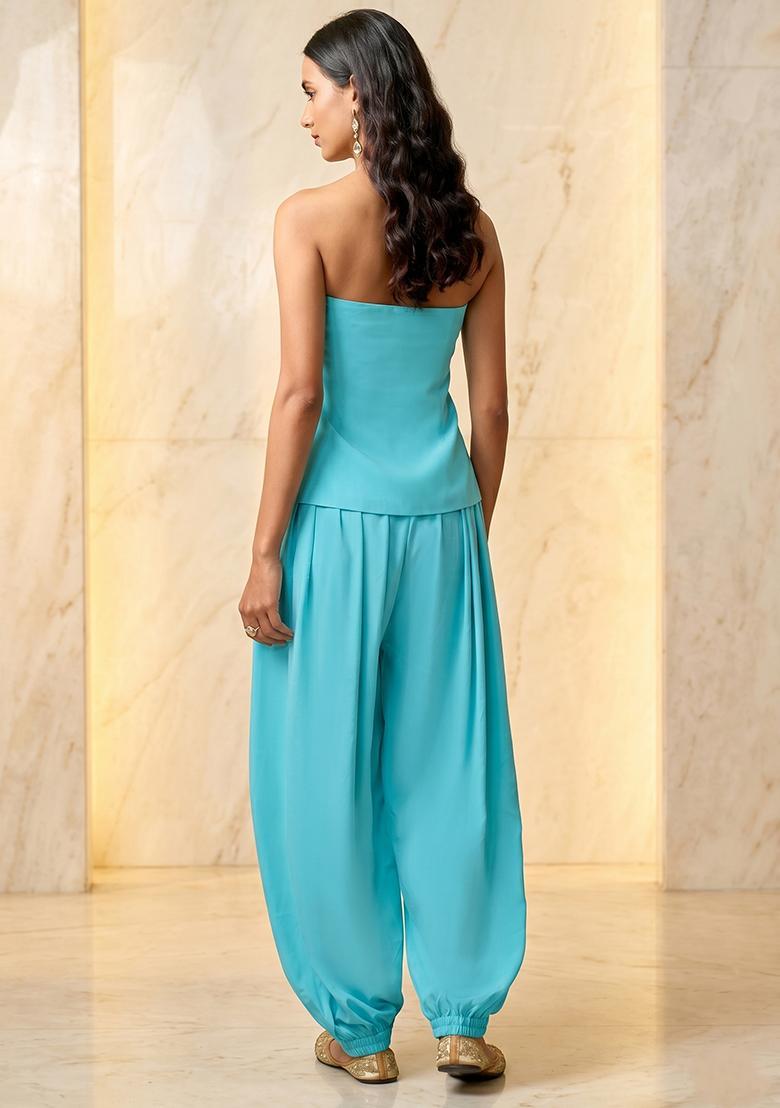Turquoise Blue Embroidered Handwork Fusion Set - Indya