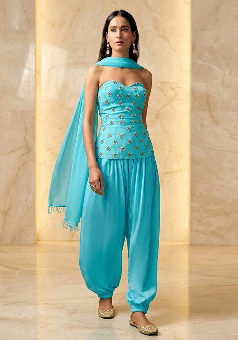 Turquoise Blue Embroidered Handwork Fusion Set