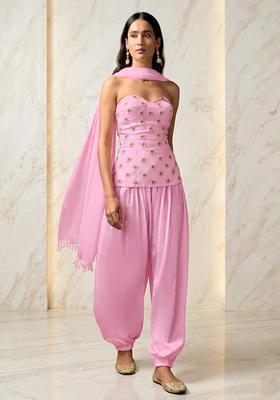 Baby Pink Embroidered Handwork Fusion Set