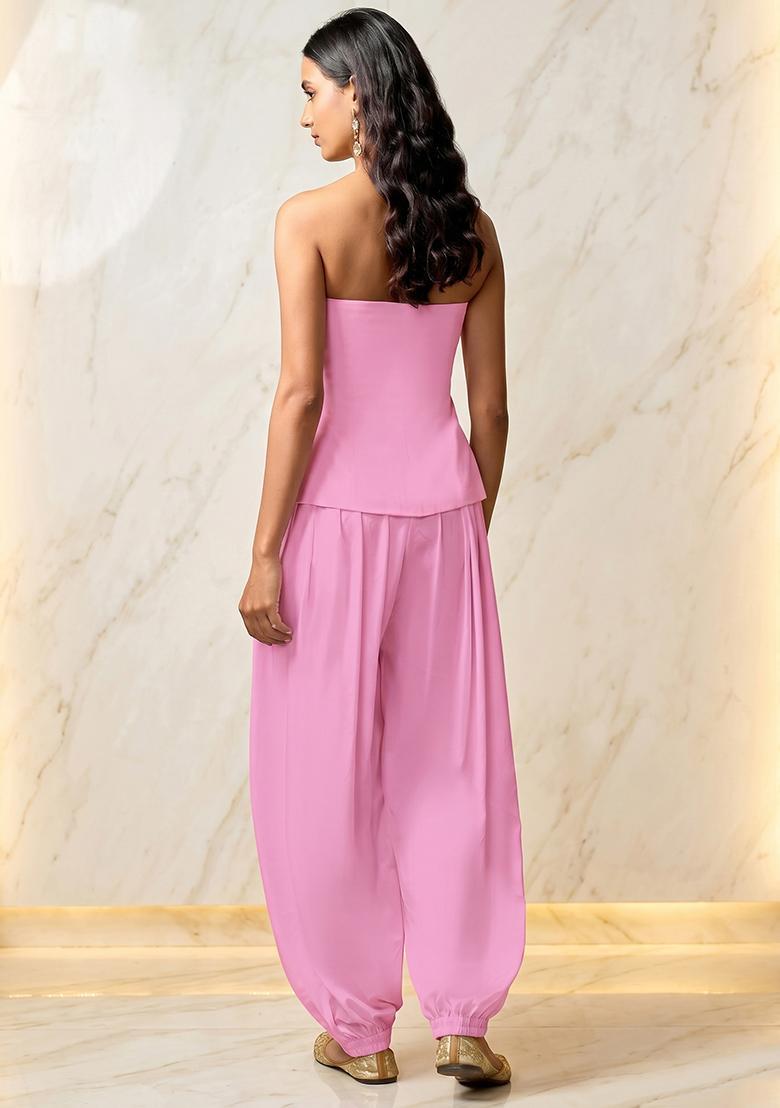 Baby Pink Embroidered Handwork Fusion Set - Indya
