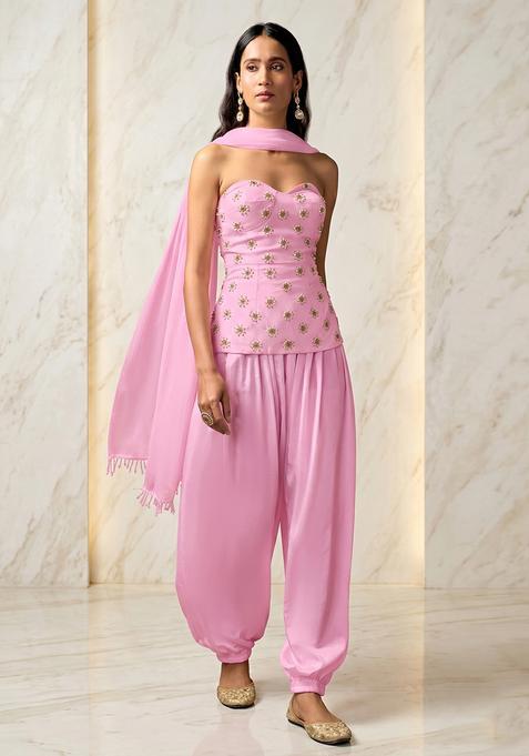 Baby Pink Embroidered Handwork Fusion Set