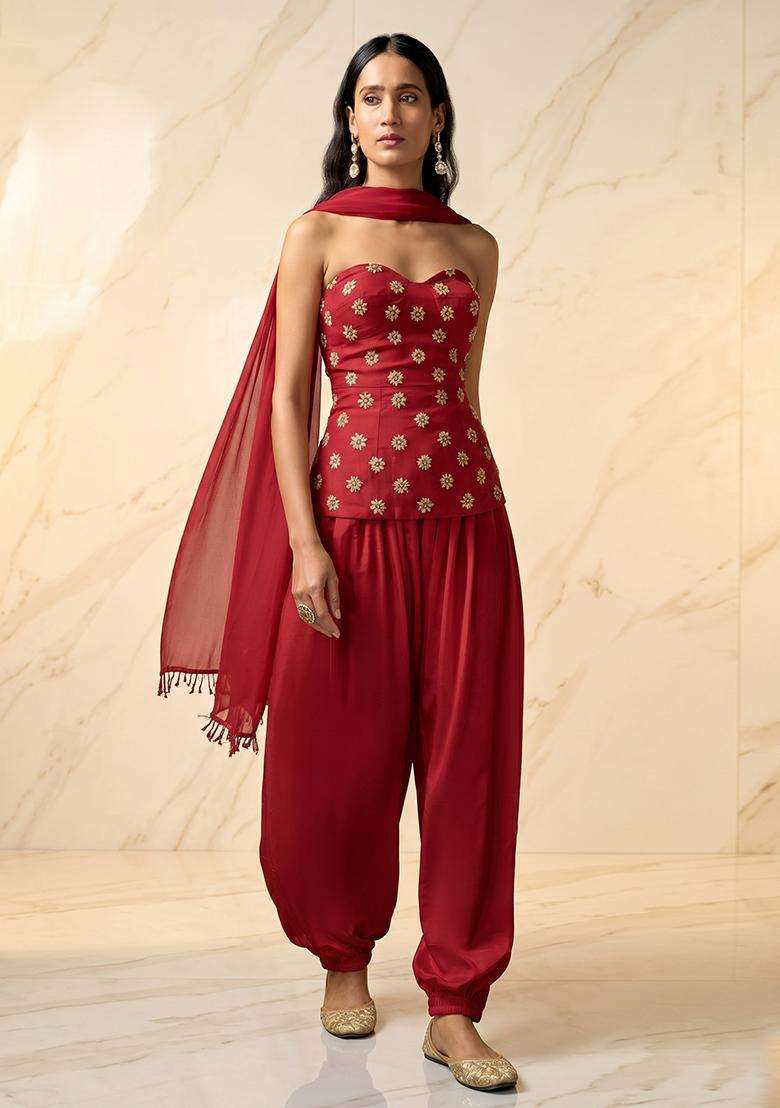 Maroon Embroidered Handwork Fusion Set - Indya