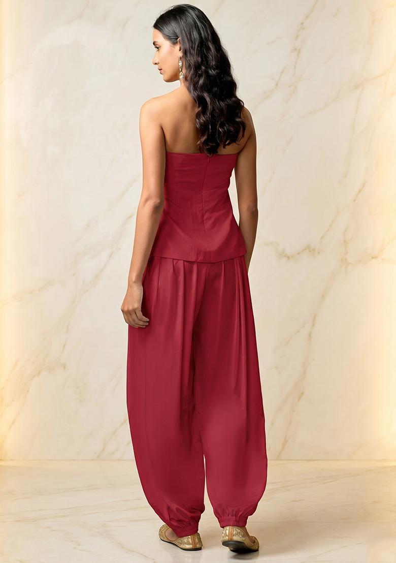 Maroon Embroidered Handwork Fusion Set - Indya