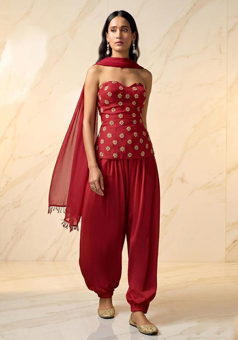 Maroon Embroidered Handwork Fusion Set