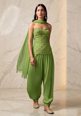 Olive Green Embroidered Handwork Fusion Set