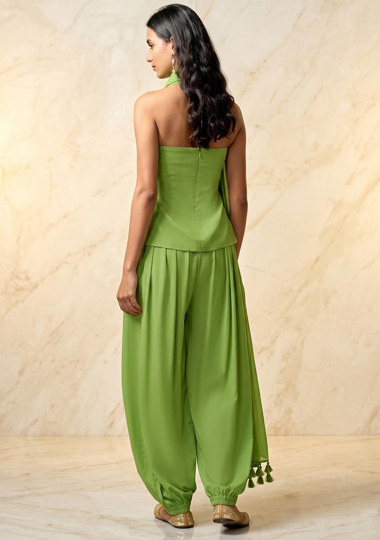 Olive Green Embroidered Handwork Fusion Set - Indya