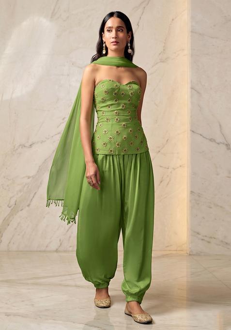 Olive Green Embroidered Handwork Fusion Set