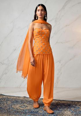 Orange Embroidered Handwork Kurta Set