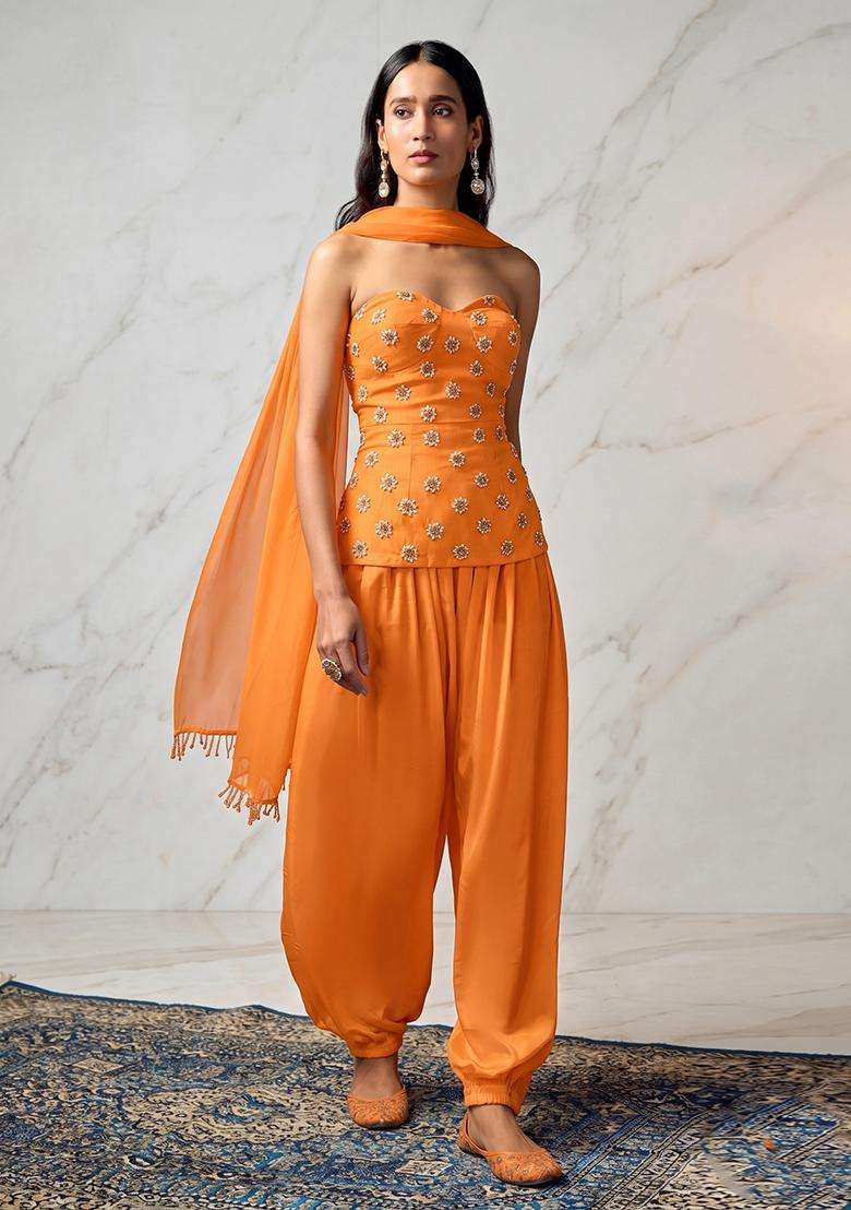 Orange Embroidered Handwork Kurta Set - Indya