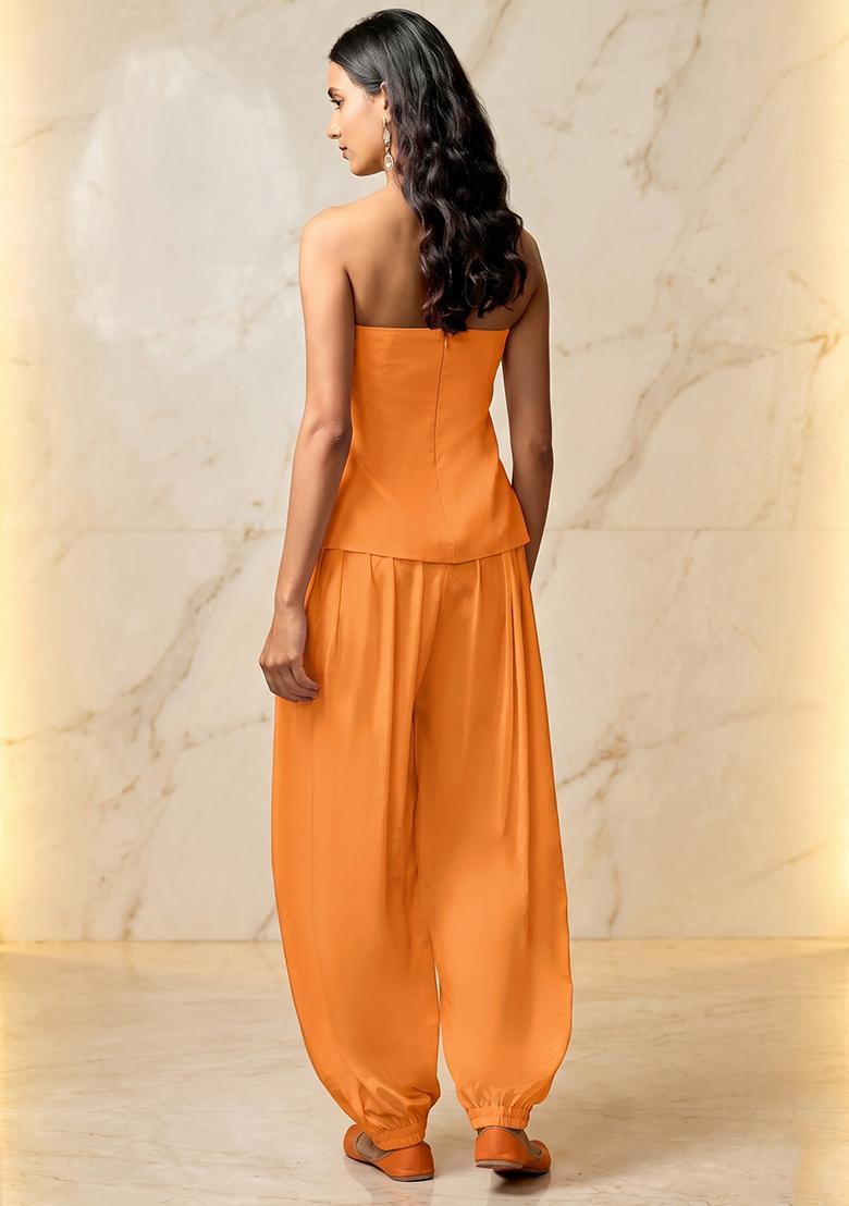 Orange Embroidered Handwork Kurta Set - Indya