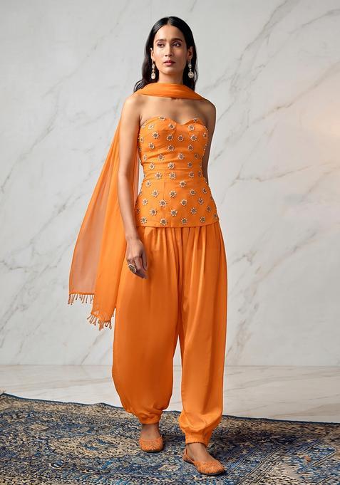 Orange Embroidered Handwork Kurta Set