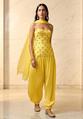 Lemon Yellow Embroidered Handwork Fusion Set