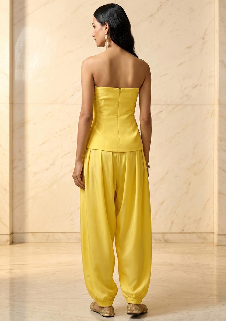 Lemon Yellow Embroidered Handwork Fusion Set - Indya