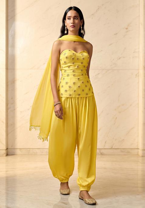 Lemon Yellow Embroidered Handwork Fusion Set
