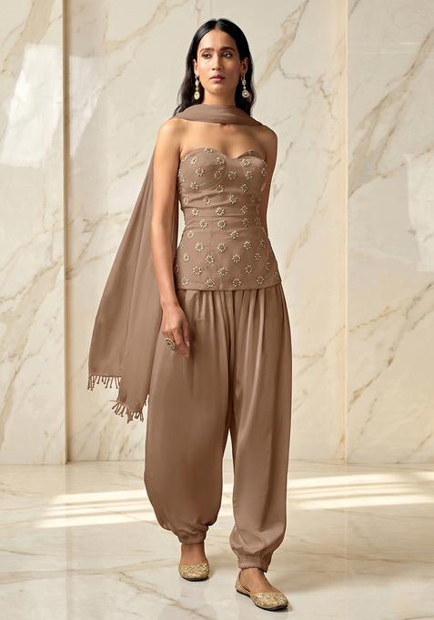 Taupe Embroidered Handwork Fusion Set