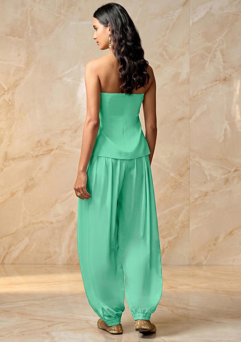 Mint Green Embroidered Handwork Fusion Set - Indya