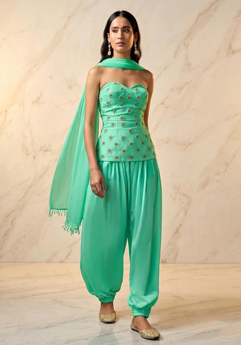 Mint Green Embroidered Handwork Fusion Set