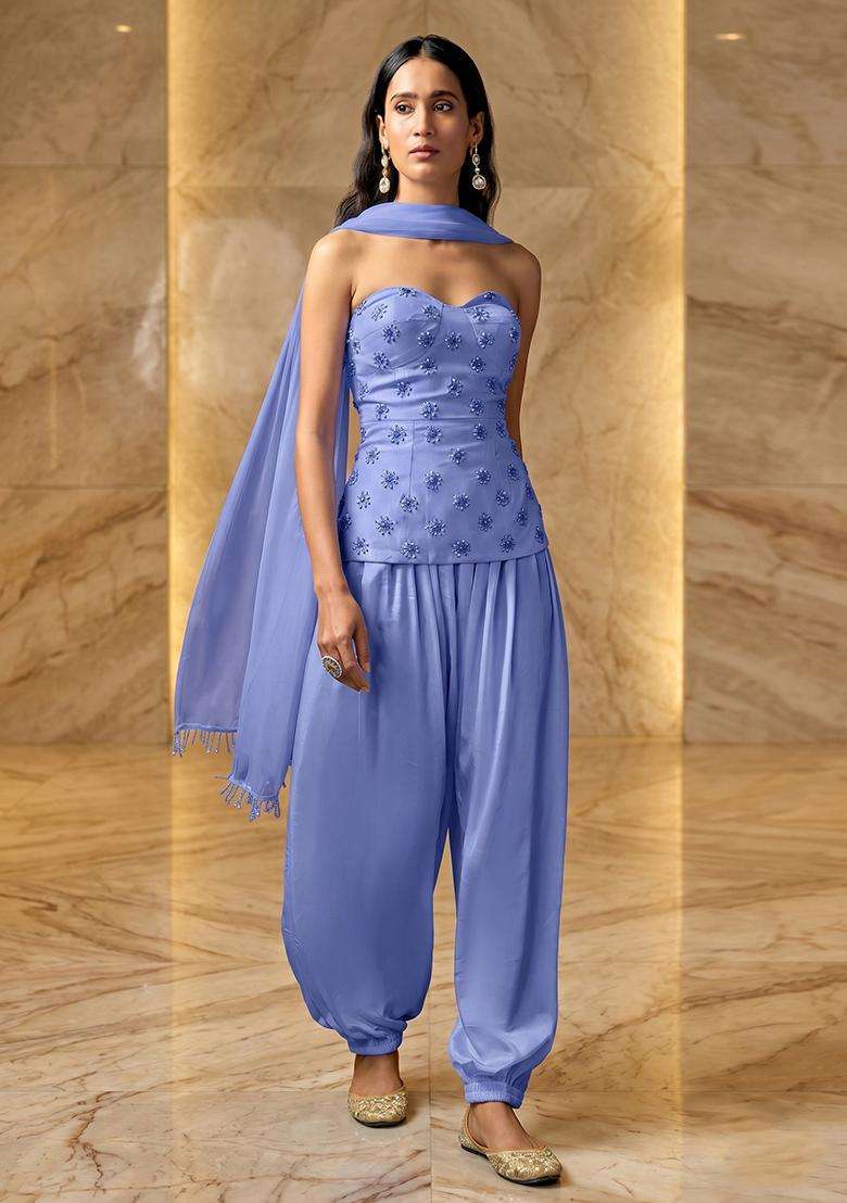 Periwinkle Blue Embroidered Handwork Fusion Set - Indya