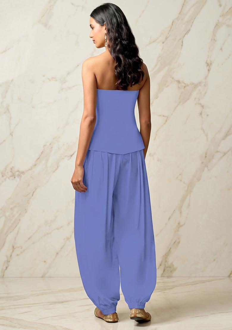 Periwinkle Blue Embroidered Handwork Fusion Set - Indya