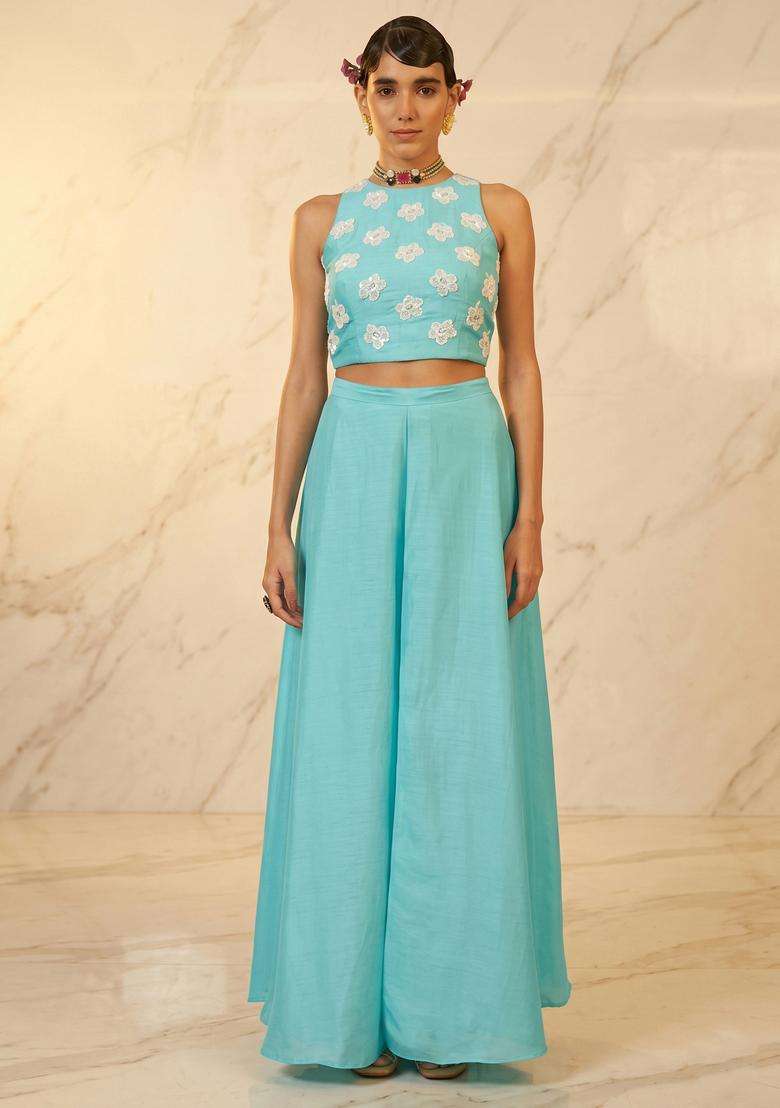 Sky Blue Embroidered Handwork Fusion Set - Indya