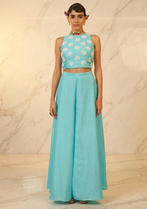 Sky Blue Embroidered Handwork Fusion Set