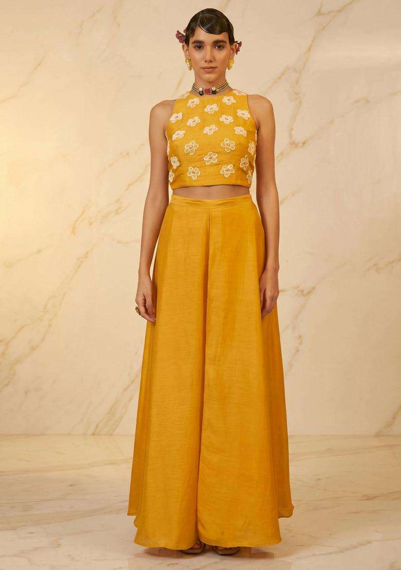 Mustard Embroidered Handwork Fusion Set - Indya