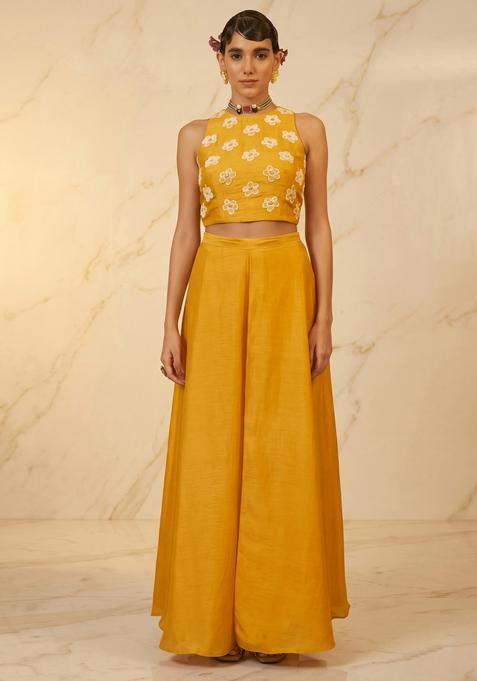 Mustard Embroidered Handwork Fusion Set