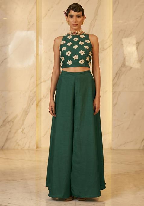 Bottle Green Embroidered Handwork Fusion Set