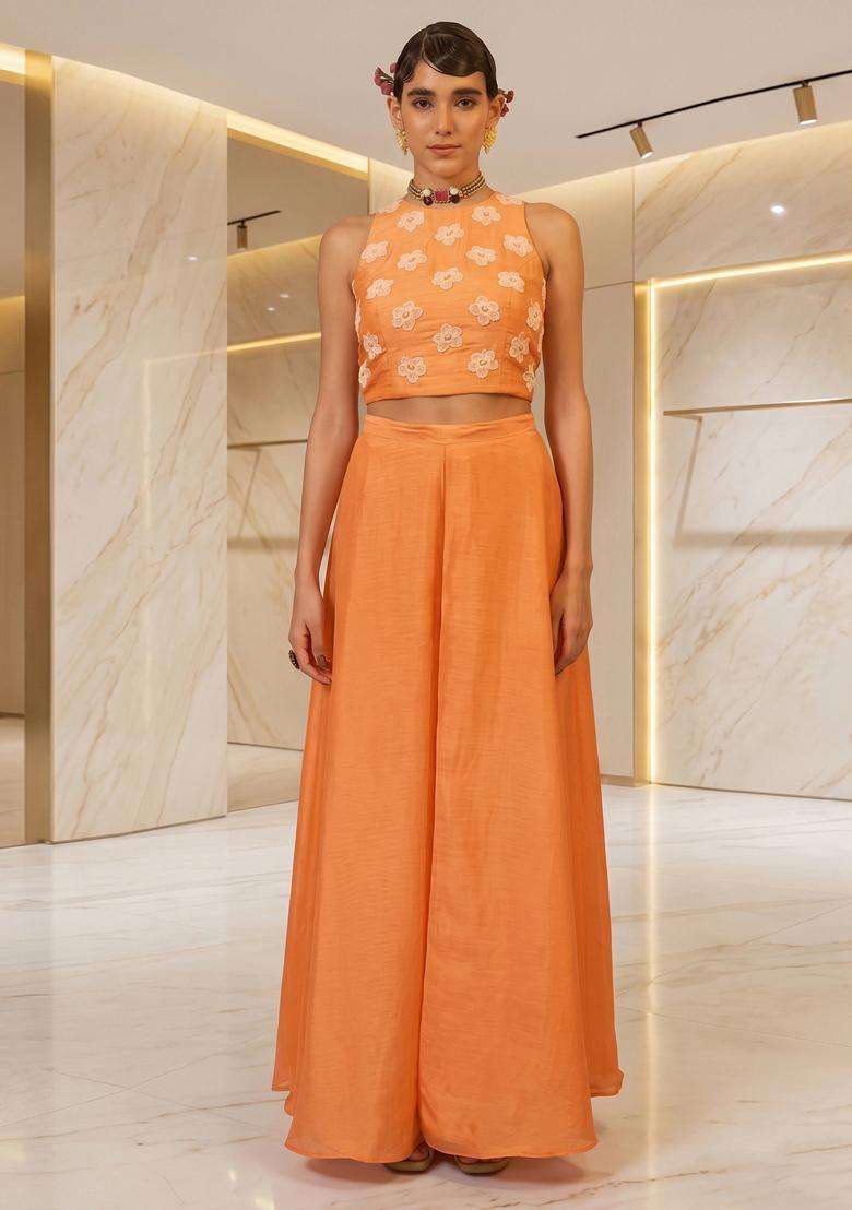 Coral Orange Embroidered Handwork Fusion Set - Indya