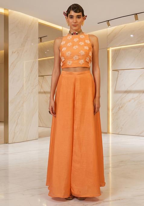 Coral Orange Embroidered Handwork Fusion Set