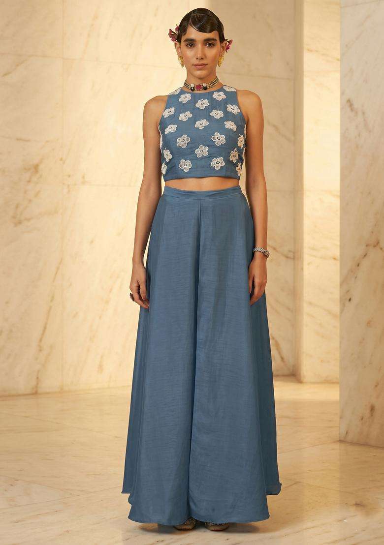 Steel Blue Embroidered Handwork Fusion Set - Indya