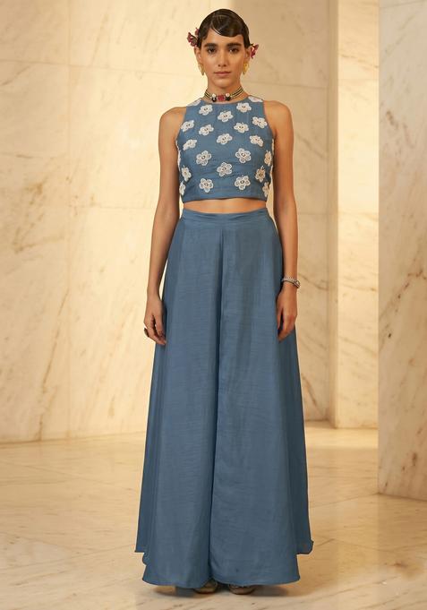 Steel Blue Embroidered Handwork Fusion Set