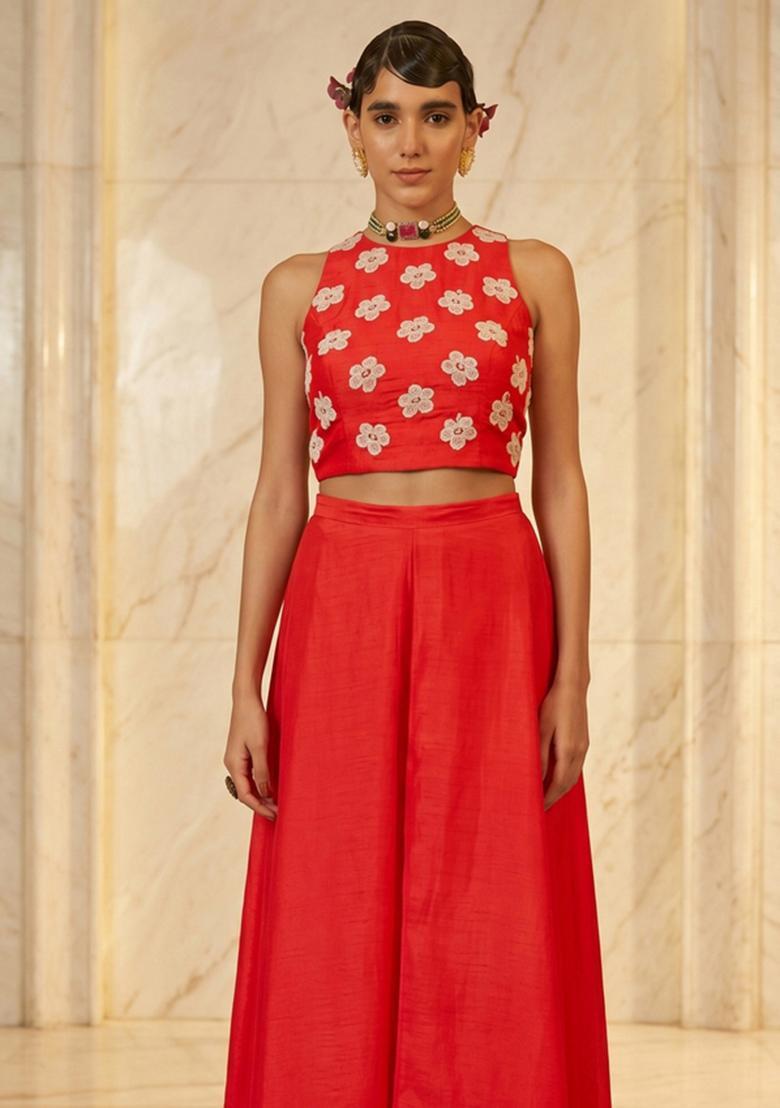 Red Orange Embroidered Handwork Fusion Set - Indya