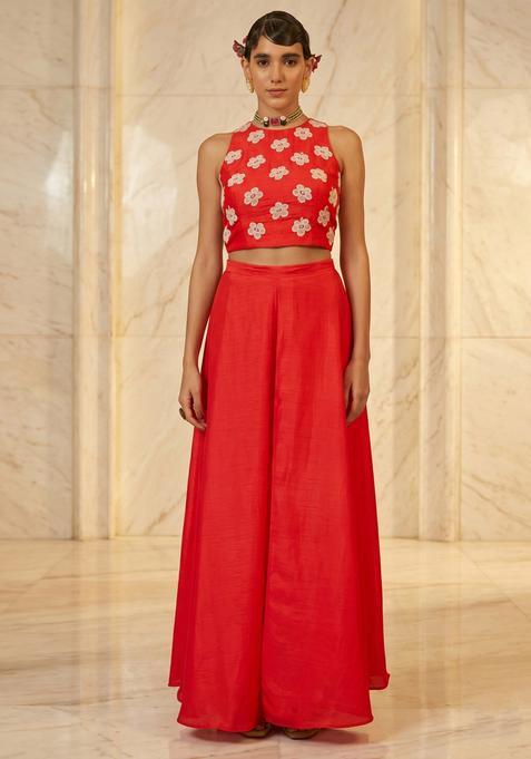 Red Orange Embroidered Handwork Fusion Set