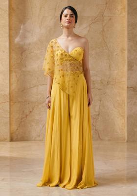 Mustard Embroidered Handwork Fusion Set