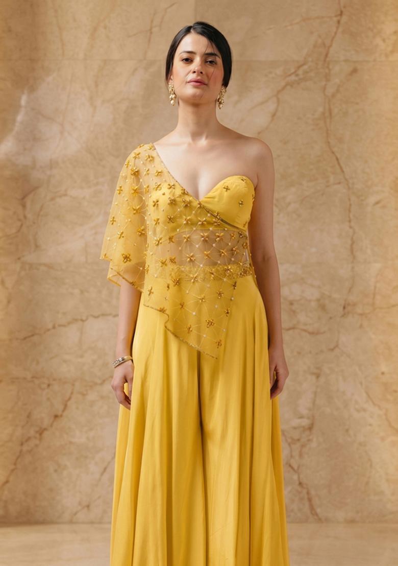 Mustard Embroidered Handwork Fusion Set - Indya