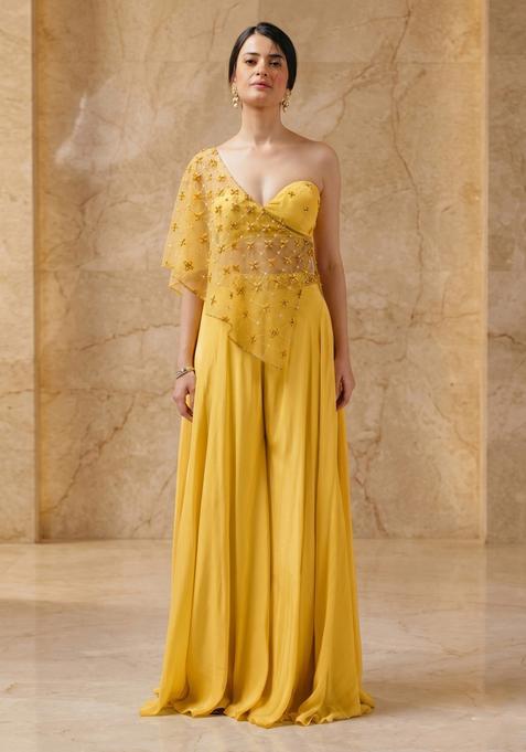 Mustard Embroidered Handwork Fusion Set
