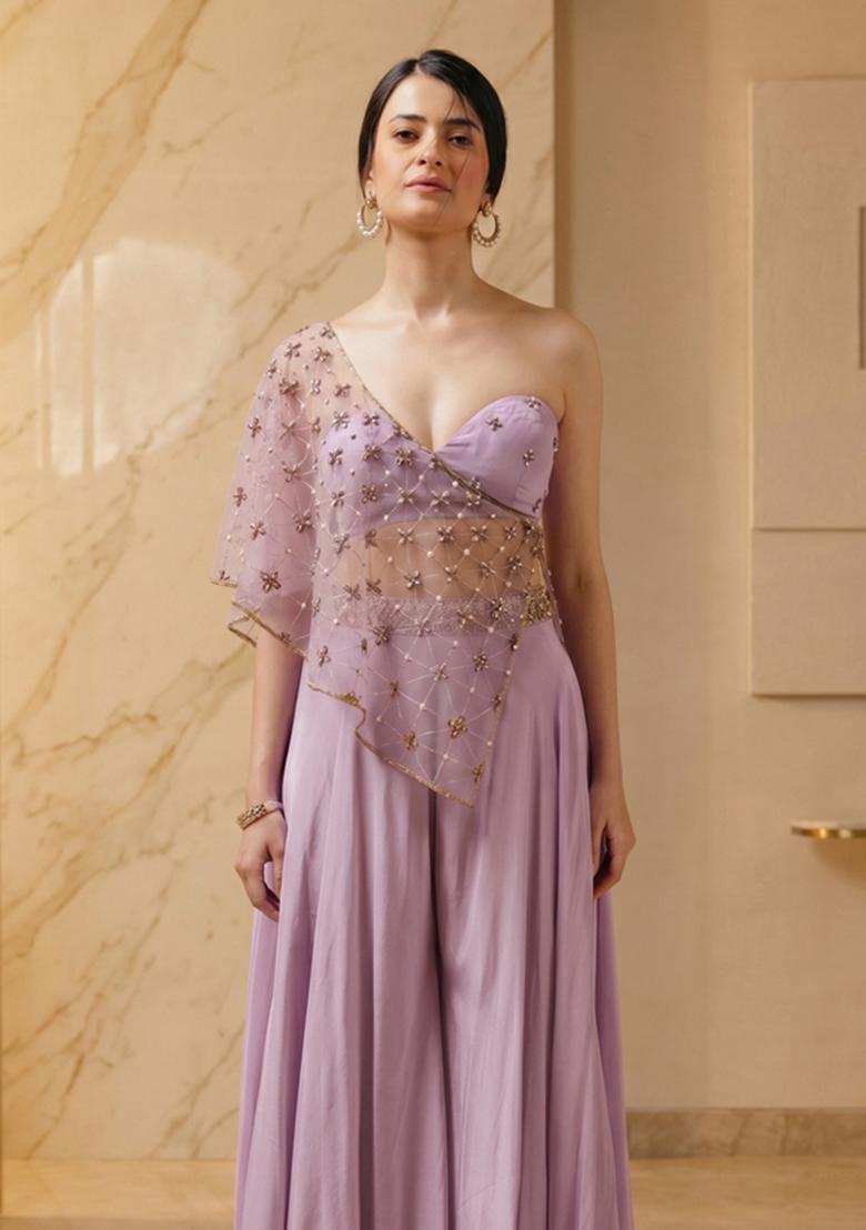 Lilac Embroidered Handwork Fusion Set - Indya