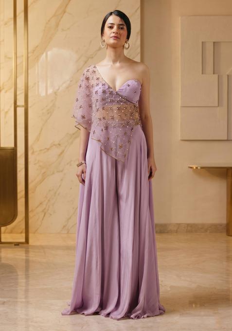 Lilac Embroidered Handwork Fusion Set