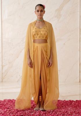 Mustard Embroidered Handwork Fusion Set