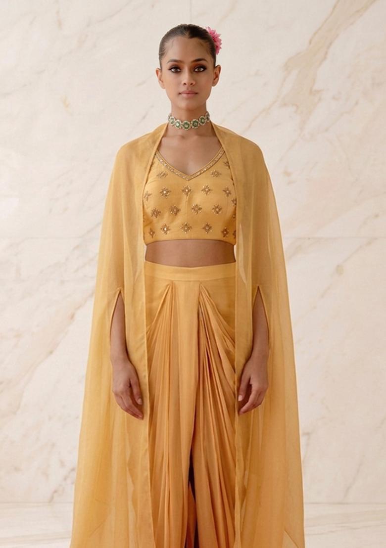 Mustard Embroidered Handwork Fusion Set - Indya