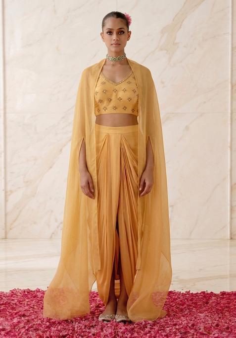 Mustard Embroidered Handwork Fusion Set