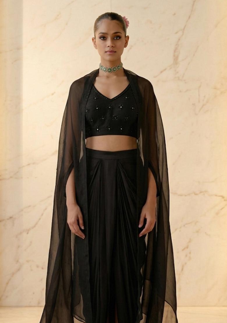 Black Embroidered Handwork Fusion Set - Indya