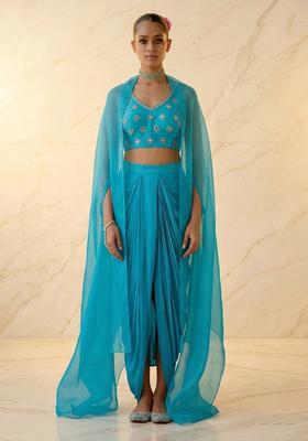 Turquoise Blue Embroidered Handwork Fusion Set