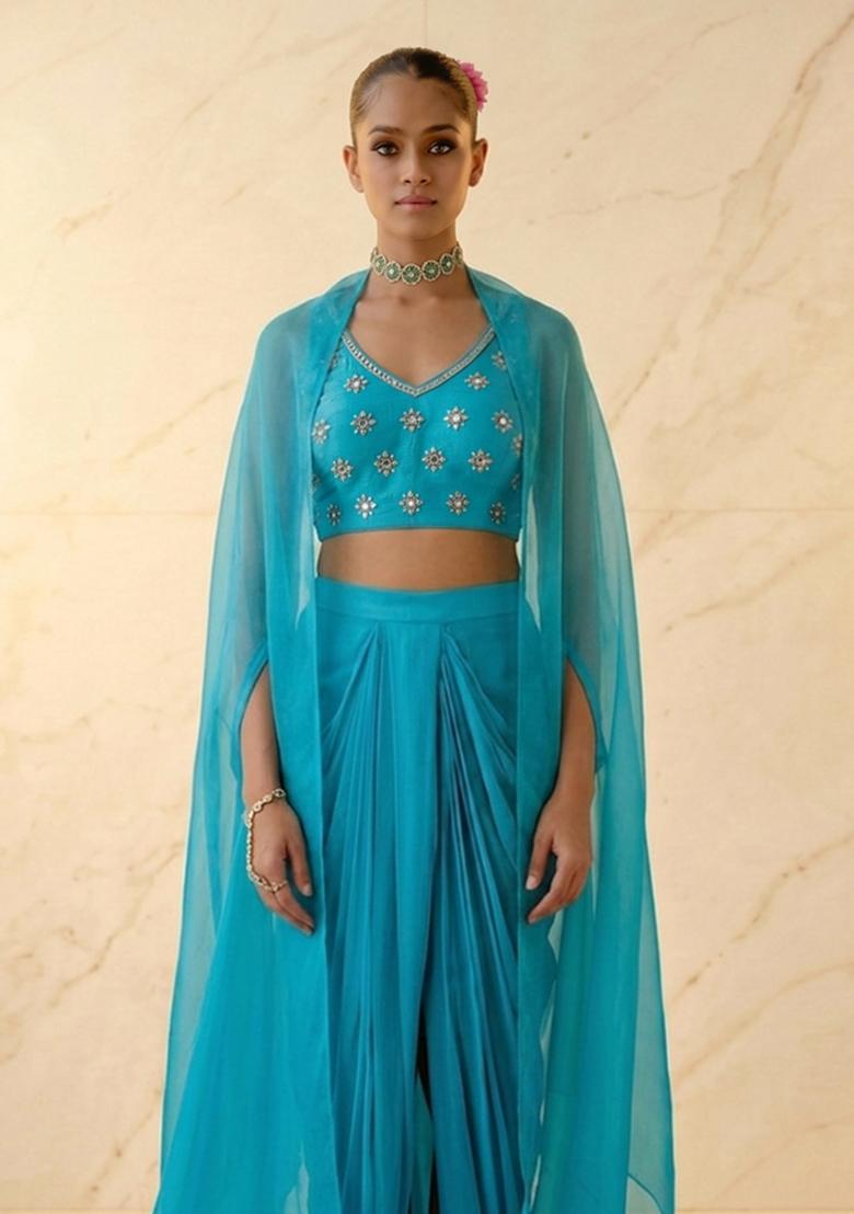 Turquoise Blue Embroidered Handwork Fusion Set - Indya