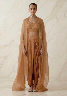 Tan Embroidered Handwork Fusion Set